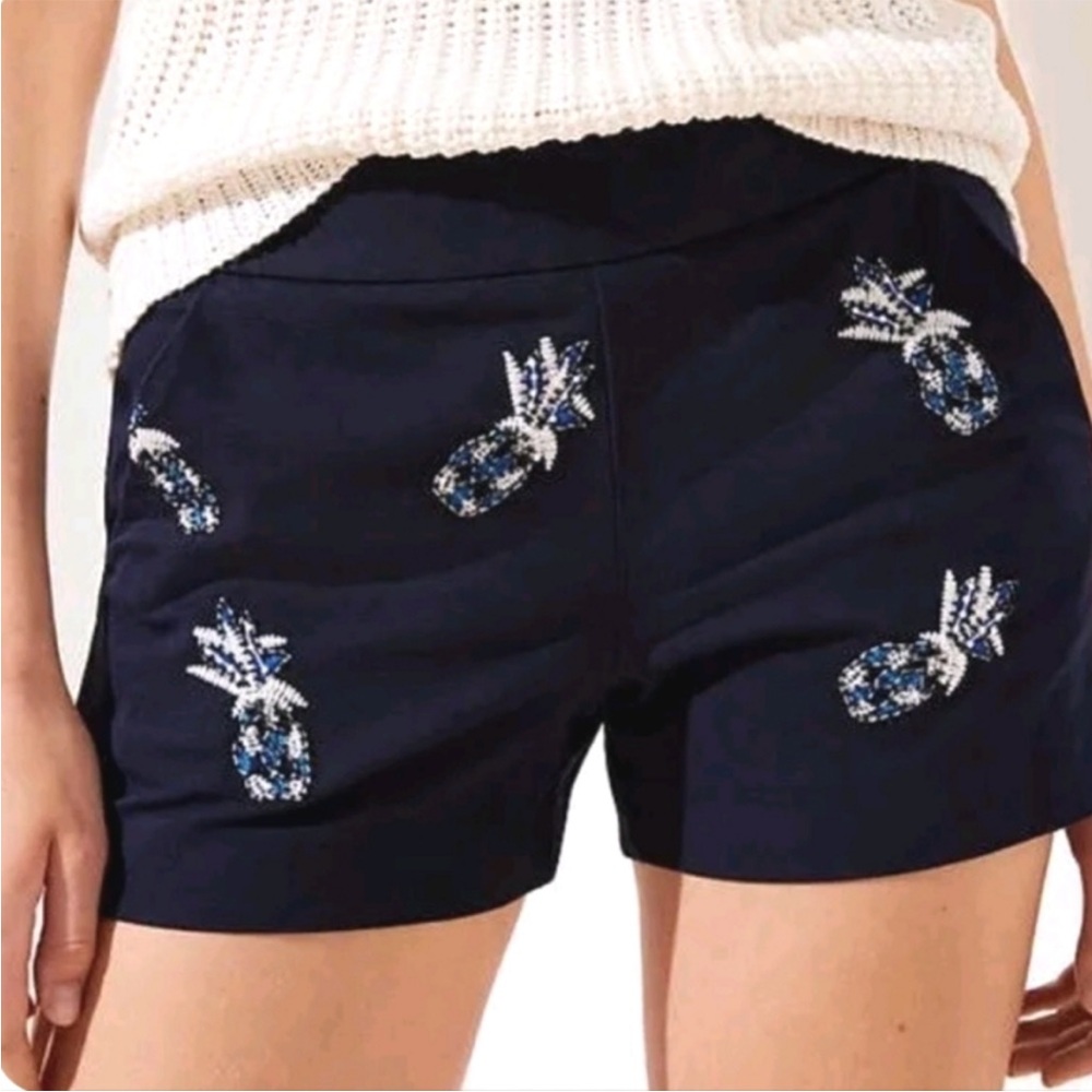 LOFT Embroidered Pineapple Navy Chico Shorts 16 Beaded Pull On